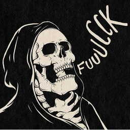 A black and white graphic of a skeleton with the word "Fuuucck" spelled out in wavy letters roughly where a speech bubble would be located.
