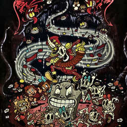 Spooky cartoon artwork of skeleton musicians, bats, monsters, and children in a graveyard, with glowing musical notes swirling through a dark cave.