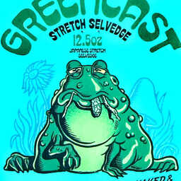 Denim product label featuring a cartoon green toad and bold text reading “Greencast Stretch Selvedge.”