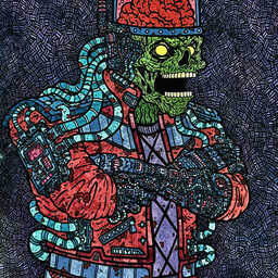 Highly detailed illustration of a cybernetic zombie with a glowing green skull and bright yellow eyes. Its transparent dome reveals an exposed brain, while mechanical arms, cables, and electronic components are fused into its body. The figure wears a tattered jacket against a dark, textured background, blending horror and cyberpunk aesthetics.
