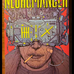 Book cover for Neuromancer by William Gibson. A man with a cigarette clenched between his lips wears a massive cybernetic visor that completely obscures his eyes. Thick cables and machinery connect the device to his head, while bright yellow lights glow across its surface. The background is vivid red, and the title appears in large yellow letters at the top. The overall style is gritty, cyberpunk, and industrial.