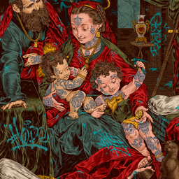 One of the children clutches a bird and teases a cat; the other child suckles on his mother's breast and observes the cat. The inherited family, and especially the created one, grows on love, trust and respect. A faithful team in everyday life. Communication and understanding as a bridge for deep connection. Priority, infinite true love. Humility.