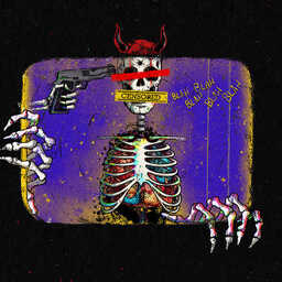 Surreal illustration of a horned skeleton with censored eyes and mouth, holding a handgun to its head against a purple background.