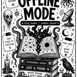 Black-and-white occult-themed illustration featuring books, cosmic symbols, tentacles, and the words “OFFLINE MODE.”