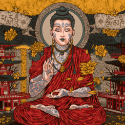 Vibrant artwork of a tattooed Buddha in red robes meditating among flowers and pagodas beneath a swirling golden sky.