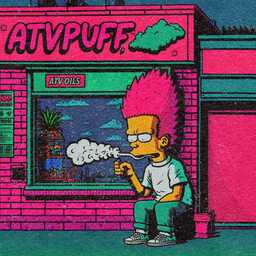 Stylized illustration of Bart Simpson sitting outside a brightly colored storefront, smoking from a pipe that produces a cloud of white smoke. The artwork uses vivid neon pink, teal, and blue tones with a grainy, retro-comic texture. Bart has exaggerated bright pink hair and sits beneath a sign reading “ATVPUFF.”