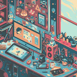 Pixel art of a cozy gaming desk filled with monitors, gadgets, figurines, and retro collectibles.