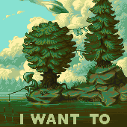 Pixel artwork of an alien sitting by a pond fishing while a smoking UFO appears to be in the middle of crashing in the background.
