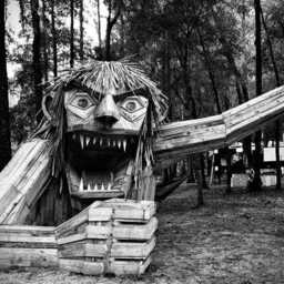A black and white image of a big wooden troll found in the forest. The troll's mouth filled with jagged teeth is open in a silent scream.