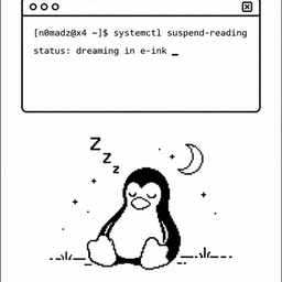 a B&W image of a sleeping penguin with a floating text box that says "dreaming in e-ink" among other things