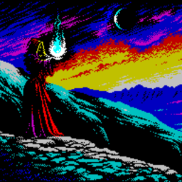 a pixelated image of a warlock standing on a mountain side holding a glowing blue sphere of energy