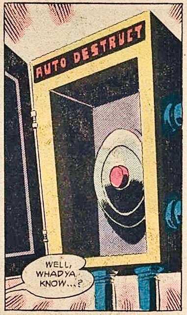 a picture of a tantalizing auto destruct button with a text bubble that says, "Well, whadya know...?" The art style is from an old comic book.