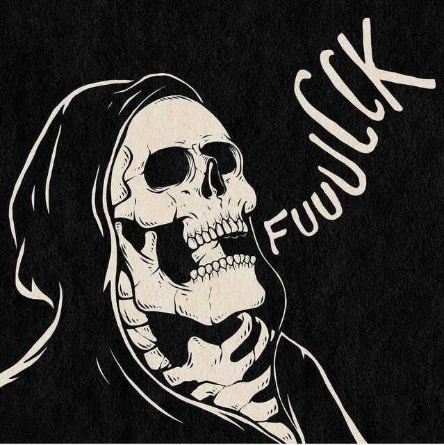A black and white graphic of a skeleton with the word "Fuuucck" spelled out in wavy letters roughly where a speech bubble would be located.
