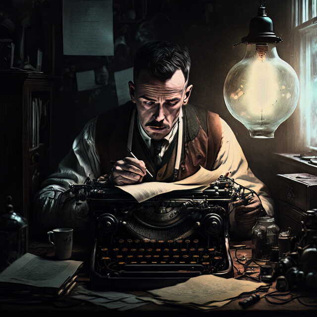 Writer sitting at typewriter in a dark, gloomy office space