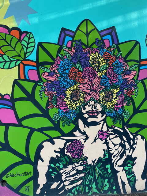 A colorful mural of a female figure with an explosion of flowers emanating from their head. The lower half of their face and upper torso is still visible. In the lower left hand corner, an artist - AleaHurstArt - is attributed.