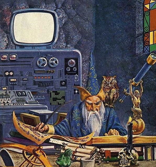 Illustration of an elderly wizard with a long white beard writing in a large spellbook while seated at a cluttered desk. Behind him is a vintage computer console with a CRT monitor, and beside him are an owl perched on his shoulder and a telescope. Scrolls, books, a skull, a candle, and alchemical objects fill the foreground, blending classic wizard imagery with retro technology.