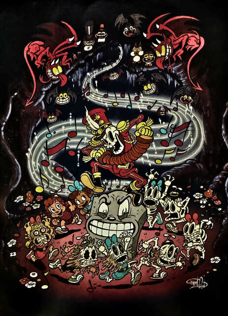 Spooky cartoon artwork of skeleton musicians, bats, monsters, and children in a graveyard, with glowing musical notes swirling through a dark cave.