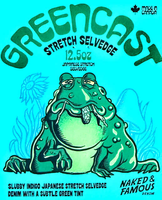 Denim product label featuring a cartoon green toad and bold text reading “Greencast Stretch Selvedge.”