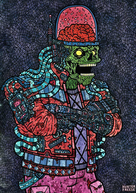Highly detailed illustration of a cybernetic zombie with a glowing green skull and bright yellow eyes. Its transparent dome reveals an exposed brain, while mechanical arms, cables, and electronic components are fused into its body. The figure wears a tattered jacket against a dark, textured background, blending horror and cyberpunk aesthetics.