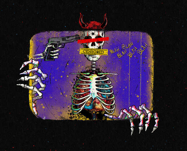 Surreal illustration of a horned skeleton with censored eyes and mouth, holding a handgun to its head against a purple background.