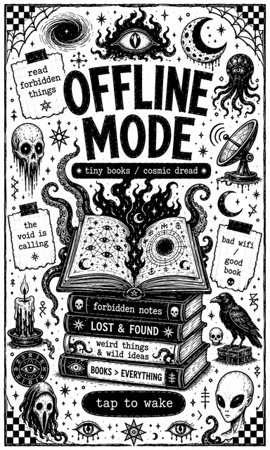 Black-and-white occult-themed illustration featuring books, cosmic symbols, tentacles, and the words “OFFLINE MODE.”