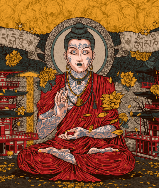 Vibrant artwork of a tattooed Buddha in red robes meditating among flowers and pagodas beneath a swirling golden sky.