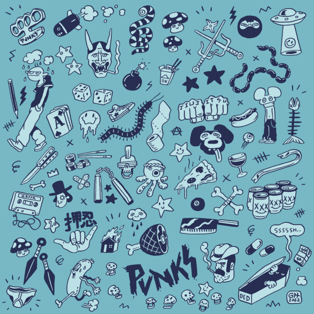 Punk-inspired doodle sheet featuring dozens of hand-drawn icons including mushrooms, skulls, snakes, pizza, cassette tapes, stars, and cartoon characters.