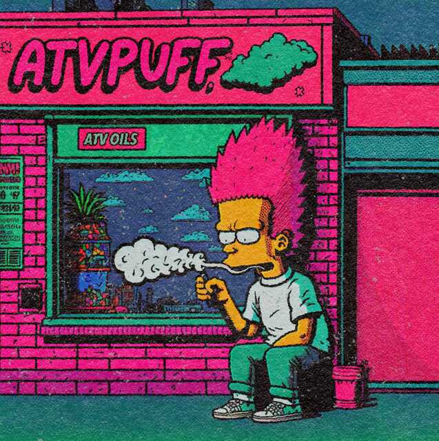 Stylized illustration of Bart Simpson sitting outside a brightly colored storefront, smoking from a pipe that produces a cloud of white smoke. The artwork uses vivid neon pink, teal, and blue tones with a grainy, retro-comic texture. Bart has exaggerated bright pink hair and sits beneath a sign reading “ATVPUFF.”