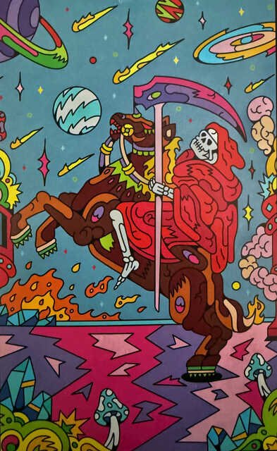 Psychedelic cartoon illustration of a red-robed skeleton wielding a large scythe while riding a bizarre, multi-legged creature through a colorful alien landscape. Planets, meteors, stars, flames, crystals, mushrooms, and strange organic forms fill the scene in vivid pink, turquoise, orange, green, and purple.