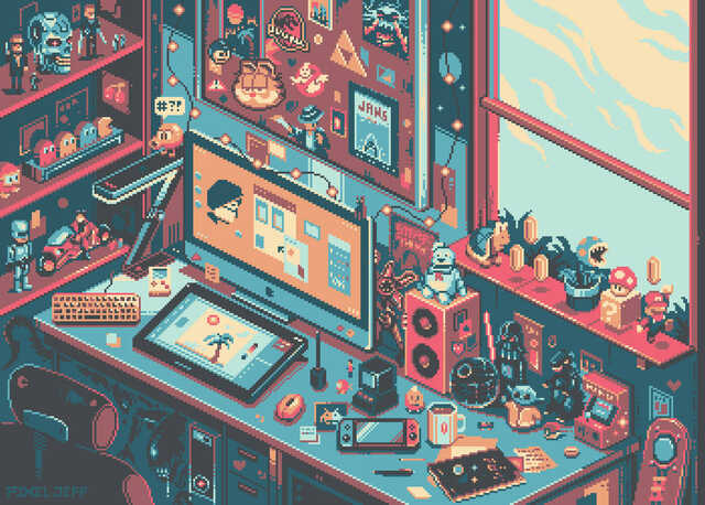 Pixel art of a cozy gaming desk filled with monitors, gadgets, figurines, and retro collectibles.