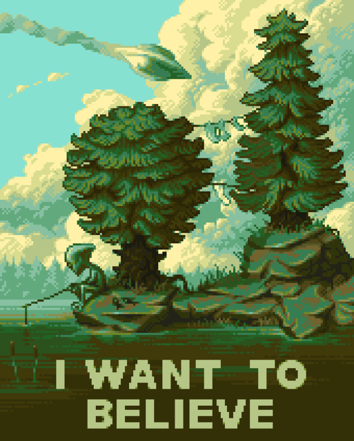 Pixel artwork of an alien sitting by a pond fishing while a smoking UFO appears to be in the middle of crashing in the background.