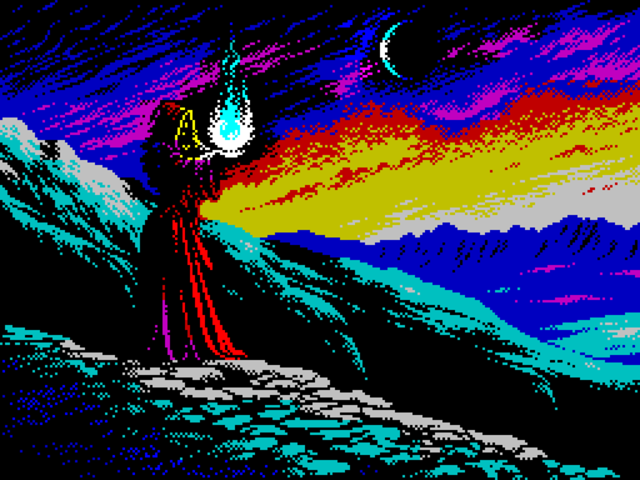 a pixelated image of a warlock standing on a mountain side holding a glowing blue sphere of energy